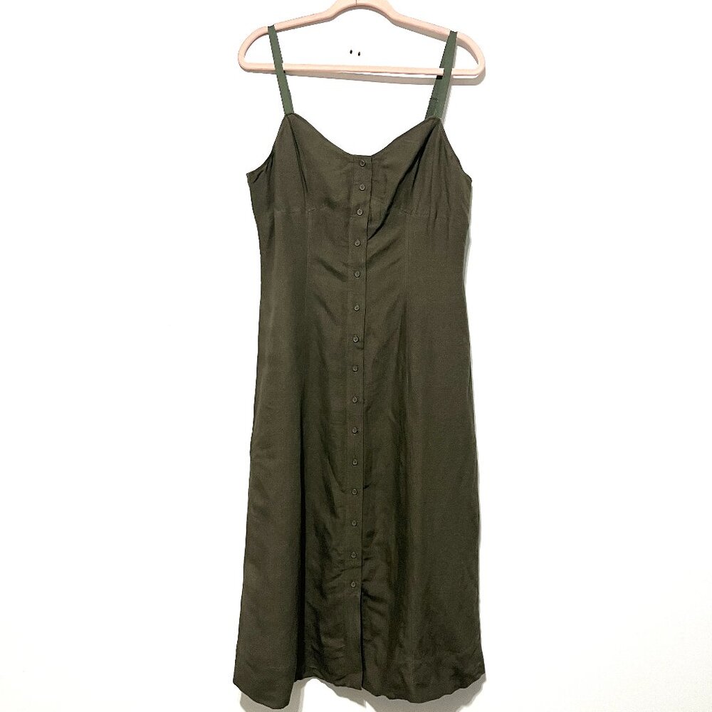 Womens Linen Blend Maxi Dress 12 Full Button Babydoll Green Herbalist Minimalist